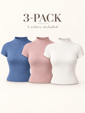 Short Sleeve Ribbed Turtleneck Blouse - 3 pack (Rl035Pq)