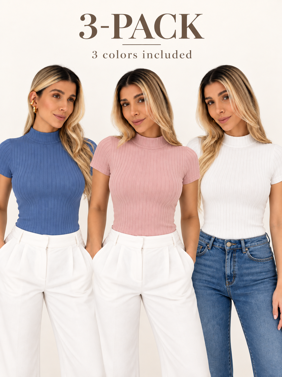 Short Sleeve Ribbed Turtleneck Blouse - 3 pack (Rl035Pq)